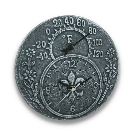 Gray Stone Finish Terracotta Fleur De Lis Clock/Thermometer
