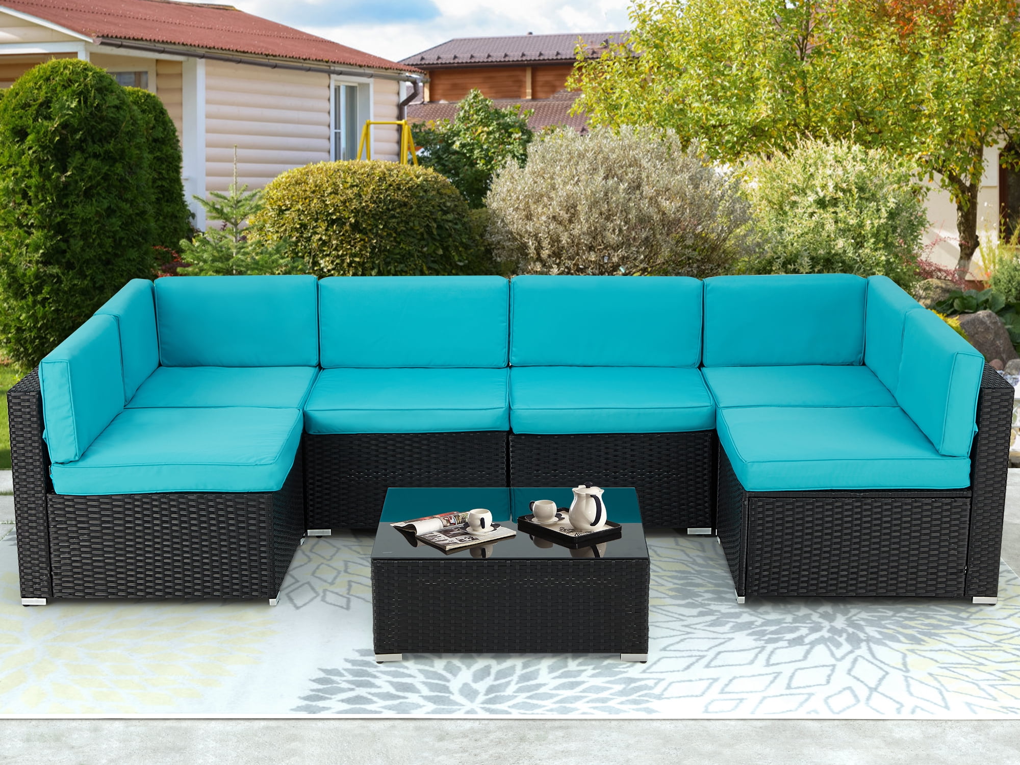 Danrelax 7 Pc Outdoor Patio Sectional Set, Blue and Black Steel with Cushions