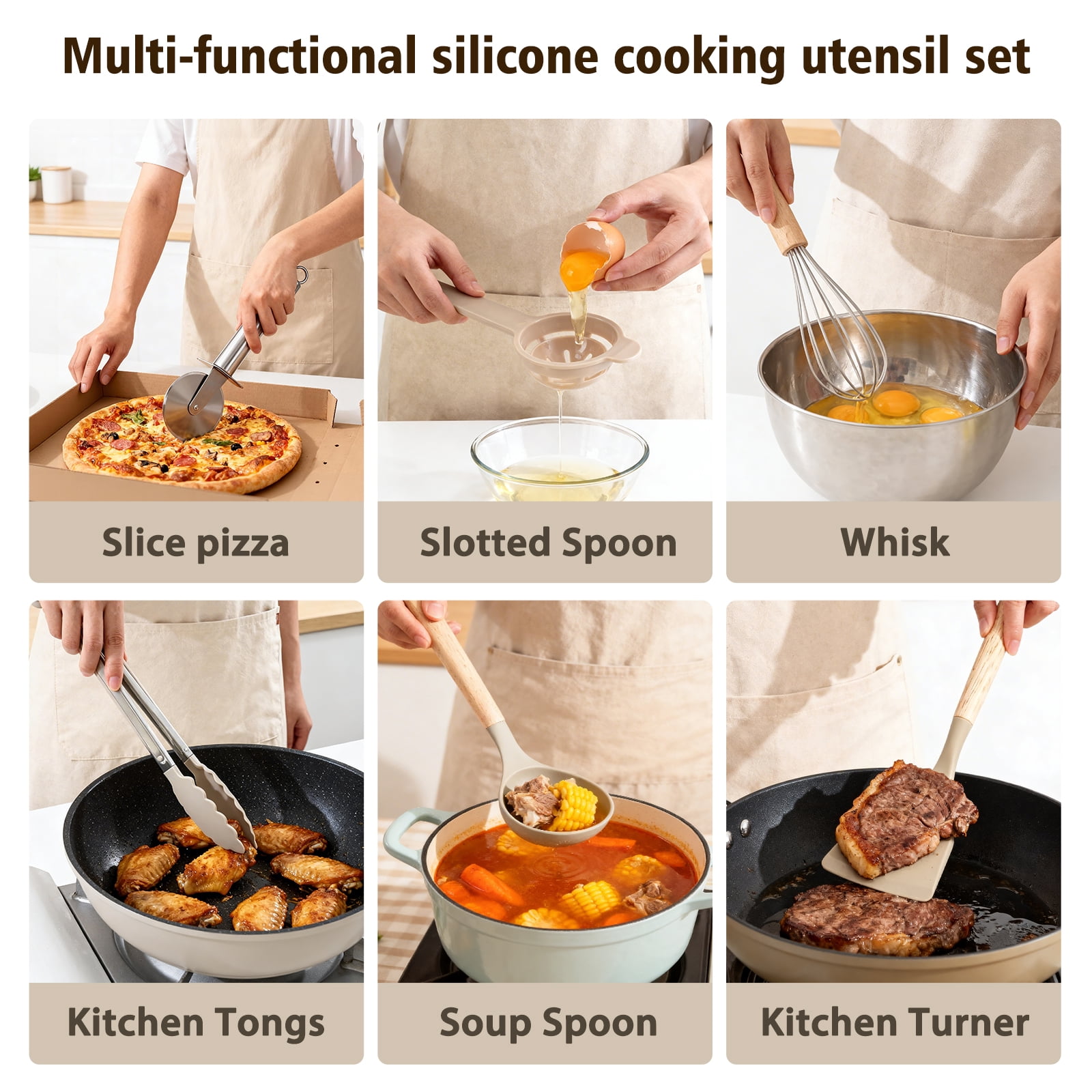 Silicone Cooking Utensils Set, Heat Resistant Kitchen Tools, 36 PCS Non-Stick Silicone Cooking Kitchen Utensils, Khaki