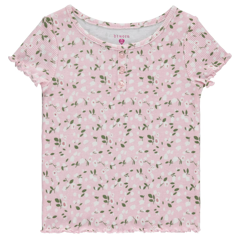 Girls Knit - - Pink/White, Trim 7-8 Short Girl Size 4-Pack Sleeve BTween Rib Lettuce Tops Shirts Ribbed