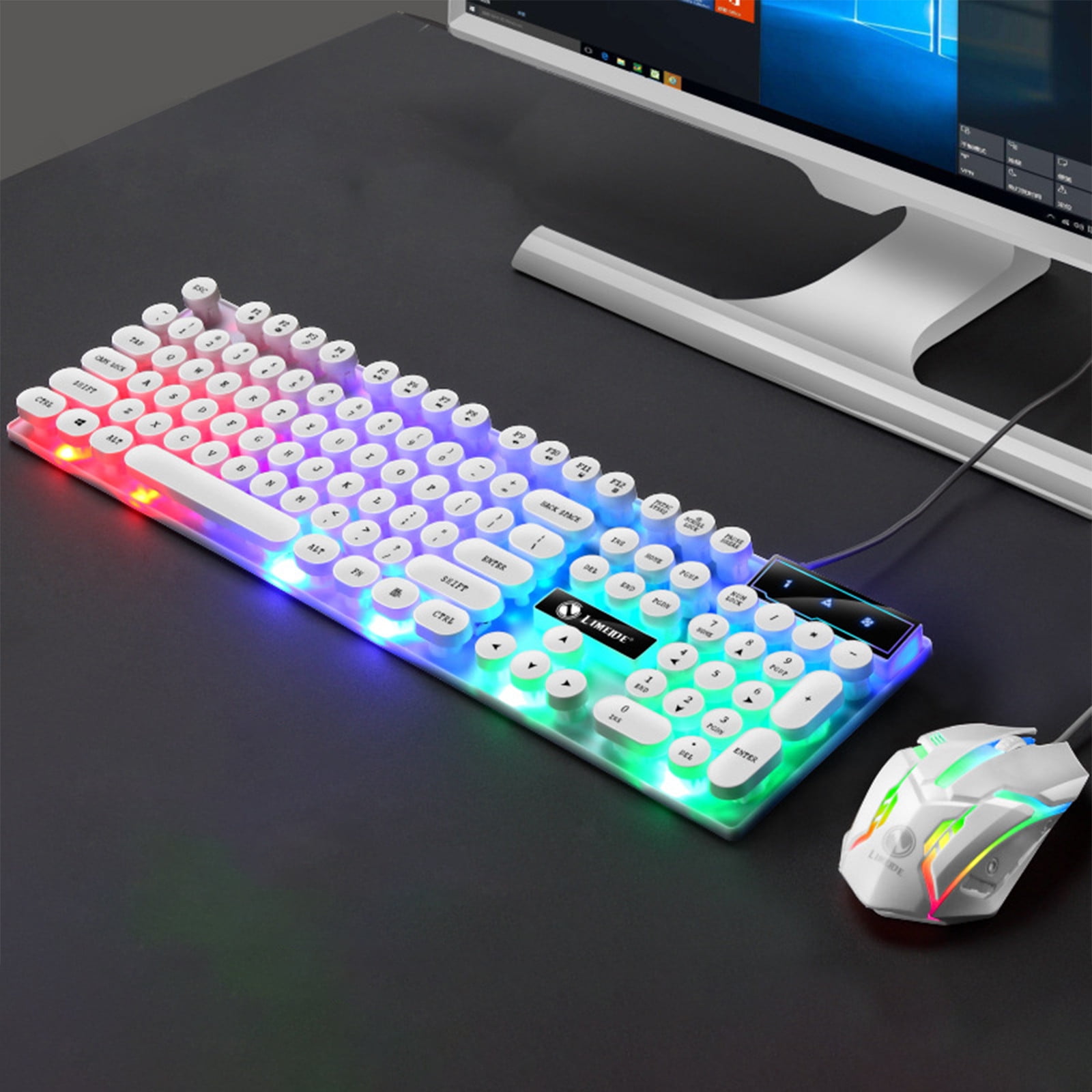 Typewriter Mechanical Gaming Keyboard Mouse Set, with Rainbow Light, 104 Keys Retro Round Keycap, Wired Typewriter Style Comfortable Typing Soud