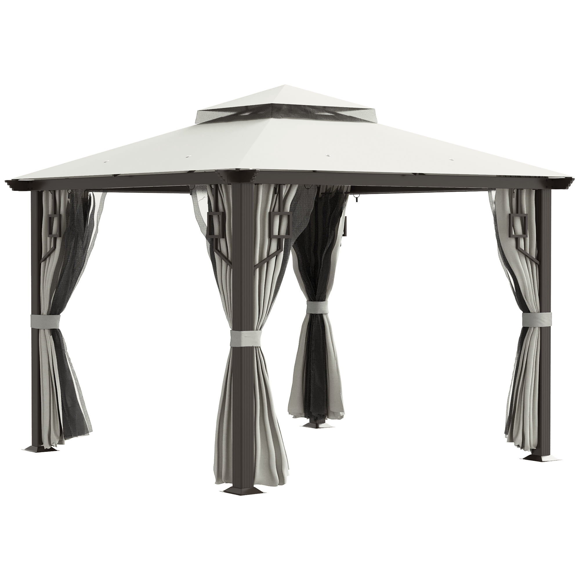 Outsunny 10' x 10' Patio Gazebo Outdoor Canopy Shelter with Aluminum Frame, Double Tier Roof, Netting and Curtains for Garden, Lawn, Cream White
