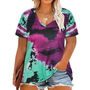 TIYOMI Plus Size Short Sleeve Shirts For Women 5X Purple Tie Dye T-shirts Tops V Neck Pullover Summer Loose Fit Tunics 5XL 26W 28W