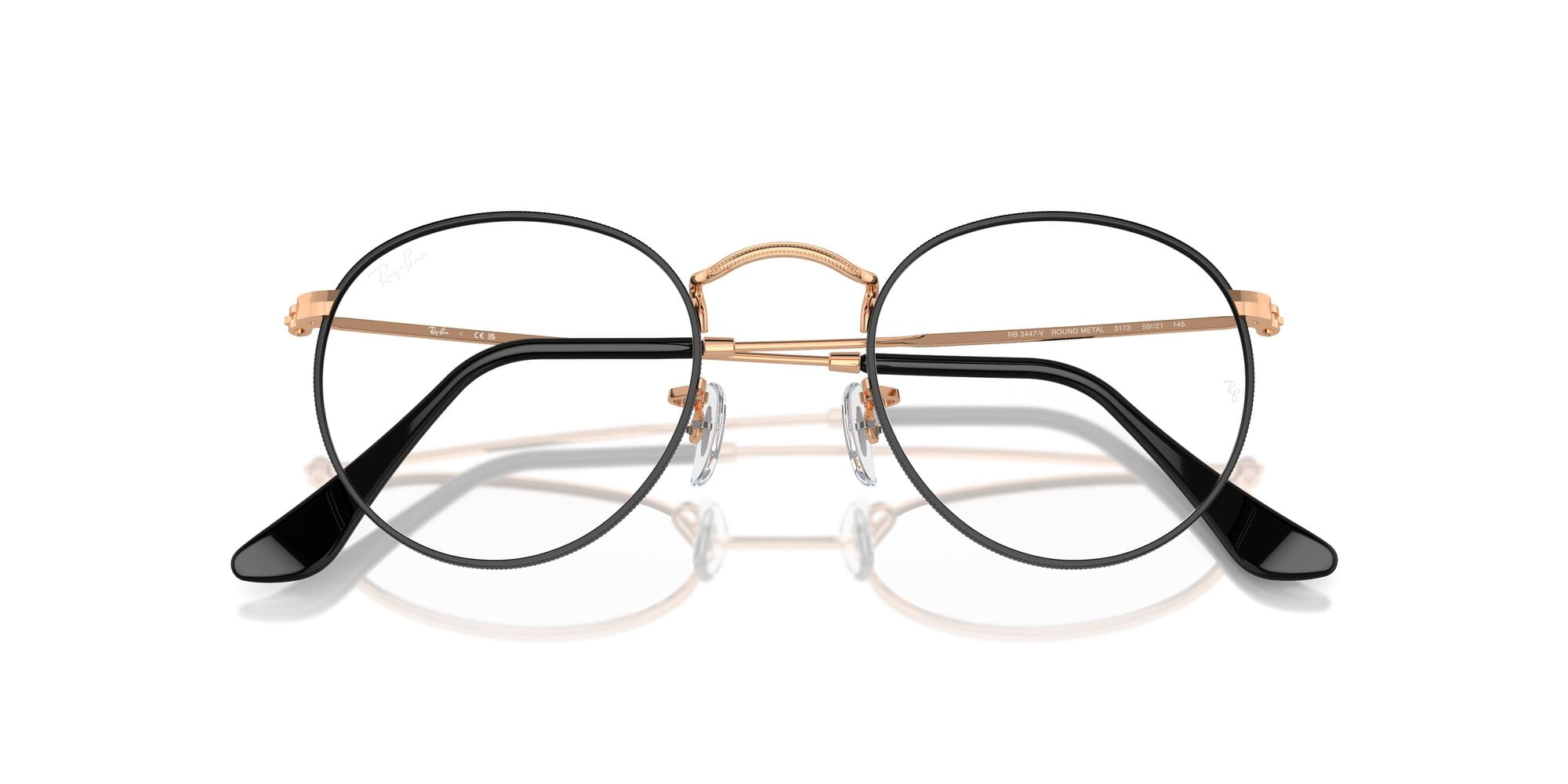 Ray-Ban Unisex Size 50 Round Metal Prescription Eyeglasses, Polished Black on Rose Gold/Demo Lens
