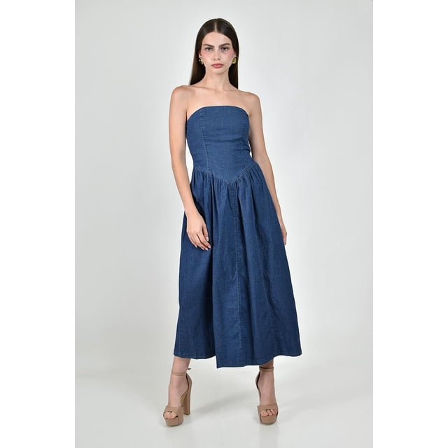 Vestido Strapless de mezclilla Roman Fashion /Juvenil, 14597 (Azul dark) azul oscuro M