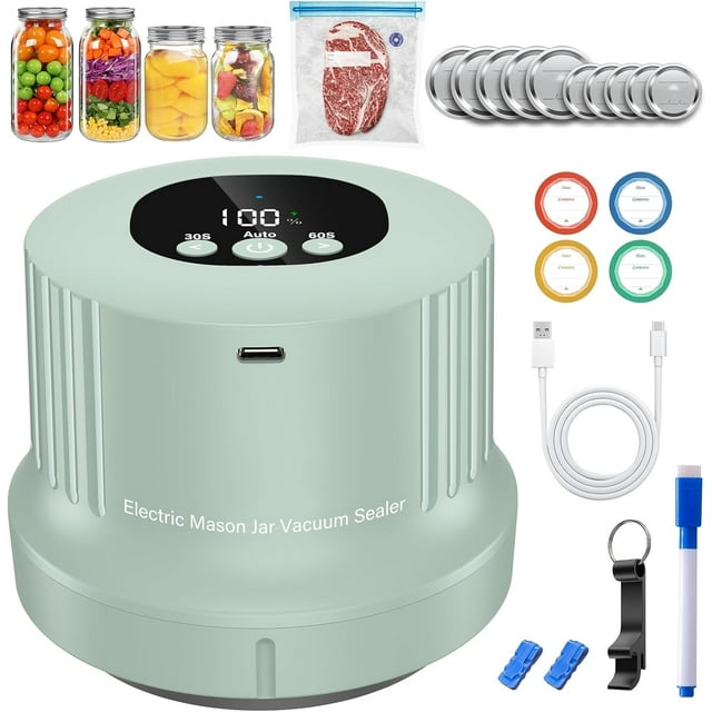 Mason Kit de Scelleuse sous Vide pour Bocaux - Scelleuse de Mise en Conserve Sans Fil 3 en 1 Entièrement Automatique avec Couvercles à Grand Ouverture, Sacs sous Vide Réutilisables, Économiseur de Nourriture pour Bocaux