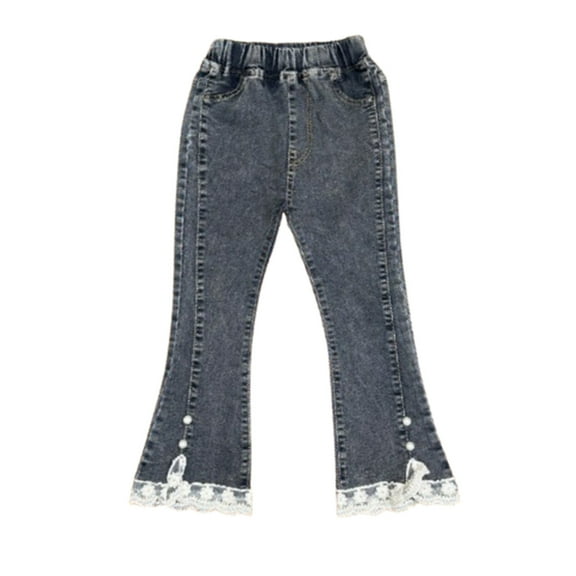 DGXTA Clearance Kids Girls Casual Denim Pants Ripped Frayed Split Hem Lace Flare Bell Bottom Jeans Wide Leg Pants