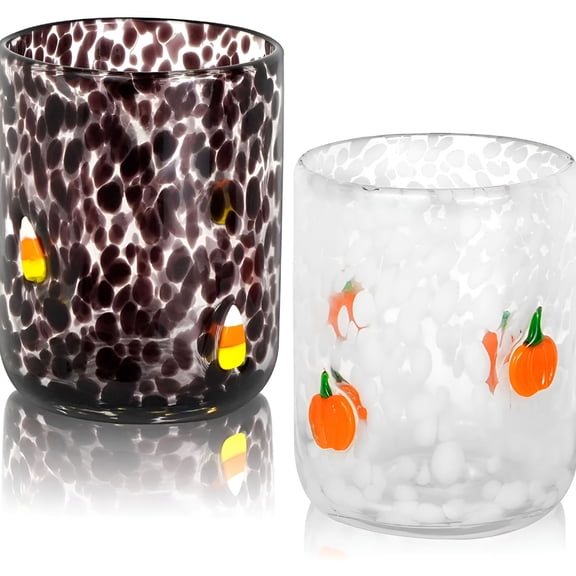 ACDANC 2 Pcs Halloween Icon Juice Glasses,14oz Icon Stemless Drinking Glasses Set,Ideal for Halloween Party Drinkware (Pumpkin&Candy Corn)