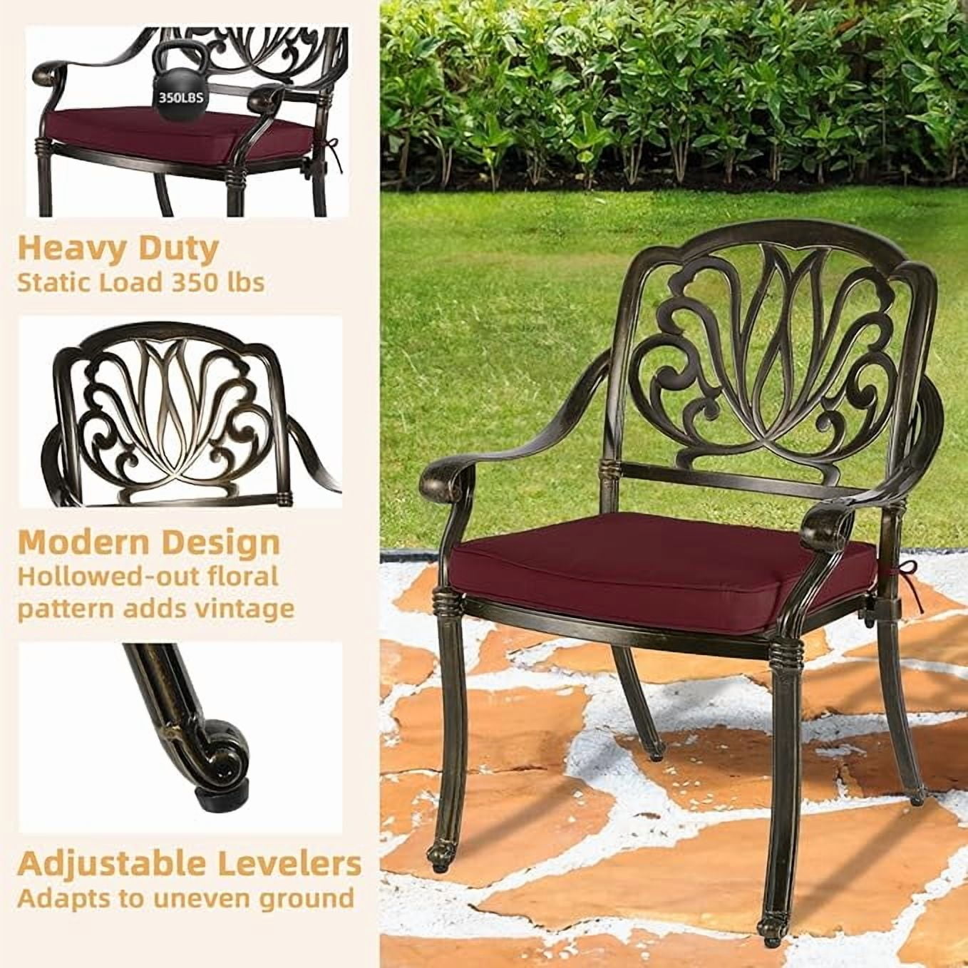 W WARMHOL 5-Piece Outdoor Patio Dining Set, All-Weather Cast Aluminum Patio Furniture Set for Backyard Garden Deck with 4 Chairs, 4 Cushions and 35.4” Square Table, 2.2" Umbrella Hole, Red