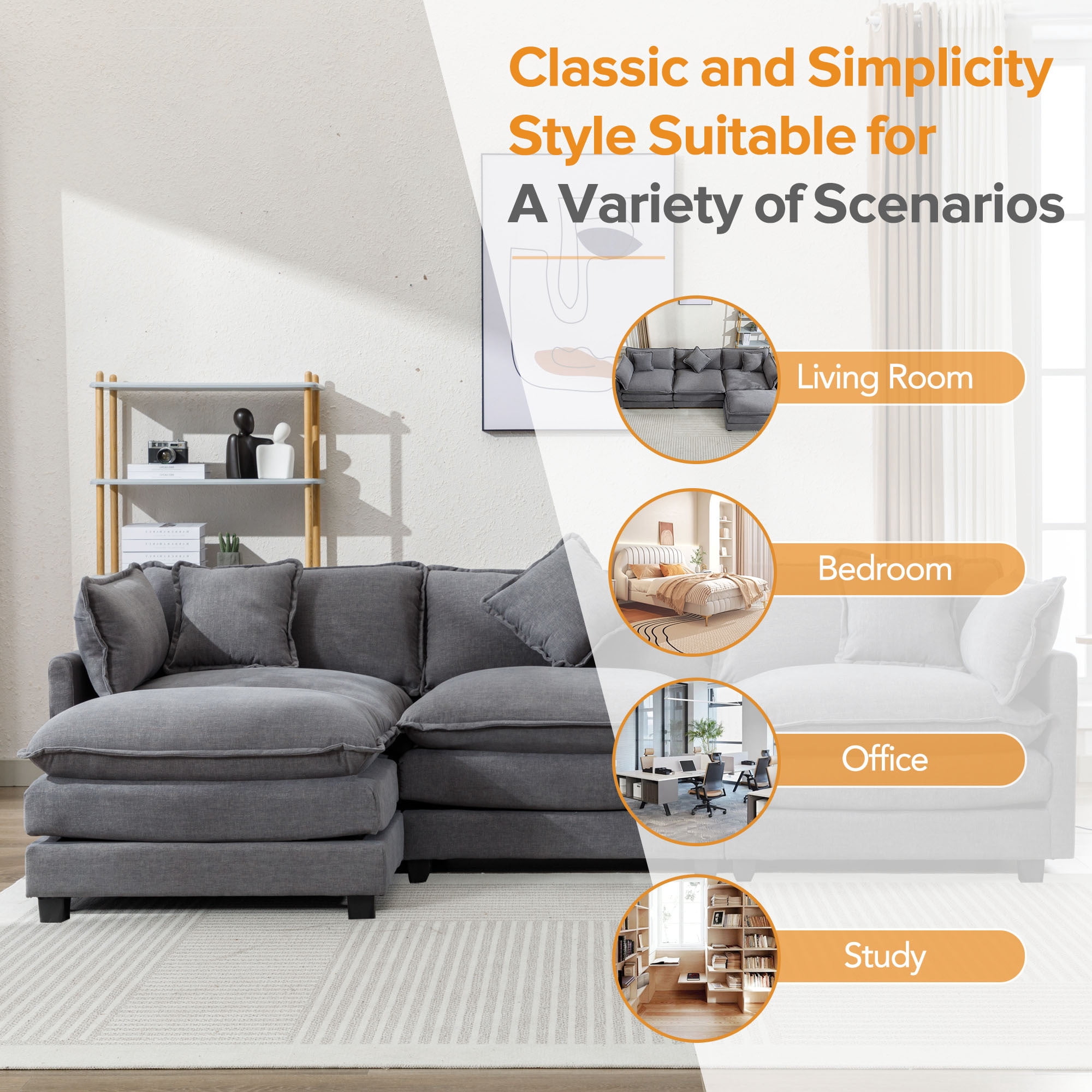 EUROCO 112.2" Modern L-Shape Sectional Sofa Couch, Chenille Upholstered Sofa with Ottoman and 5 Pillows, Indoor furniture for Living Room, Gray