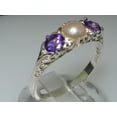 thumbnail image 2 of LBG British Made Luxury Solid 10K White Gold Natural Amethyst and Cultured Pearl Trilogy Ring, 2 of 8