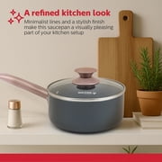 Holstein Housewares 2.5QT Ceramic Non-Stick Saucepan, Easy to Clean Ceramic Coating, Stainless Steel Handles, Glass Lid. Multipurpose Kitchen Cooking Pot, Grey Rose Gold