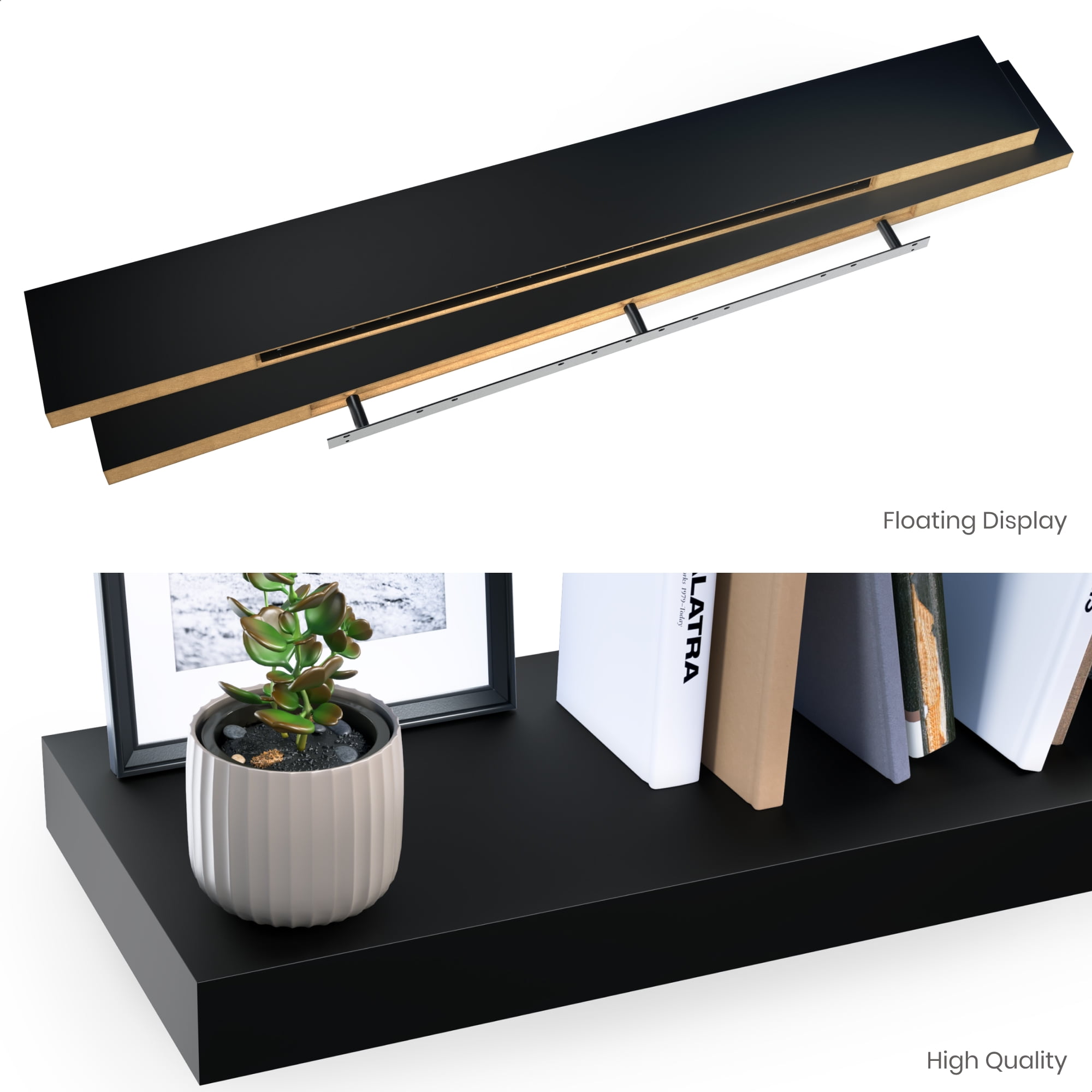 Ballucci 60" Floating Shelves, 2-Pack Wood Wall Shelf Set with Invisible Brackets, 8" Deep, Black