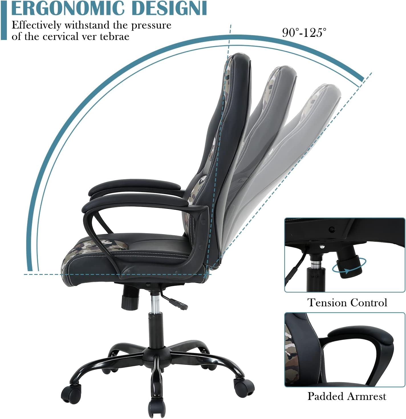 Dkelincs Gaming Chair PC Computer Desk Chair Ergonomic Adjustable Gamer Chair with Lumbar Support Armrest, Camo