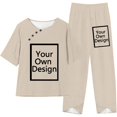 thumbnail image 3 of Women's 2-Piece Short Sleeve Button Solid T-Shirt Top and Long Pants Outfit - Polyester Spandex, Casual Summer Style, 3 of 6