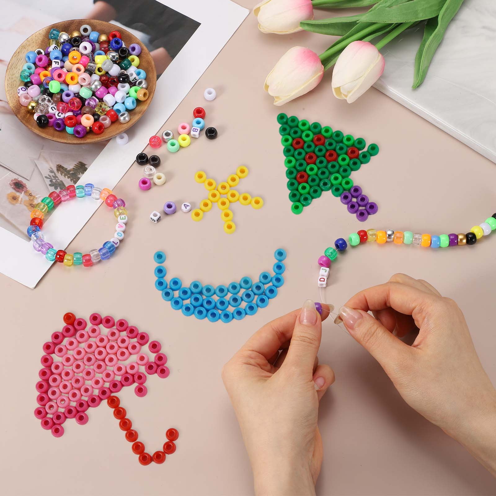 Uxcell 1000 Pcs Pony Beads 6 x 9 mm Acrylic Friendship Bracelet Making Kit with Letter Bead, Dark Multicolor