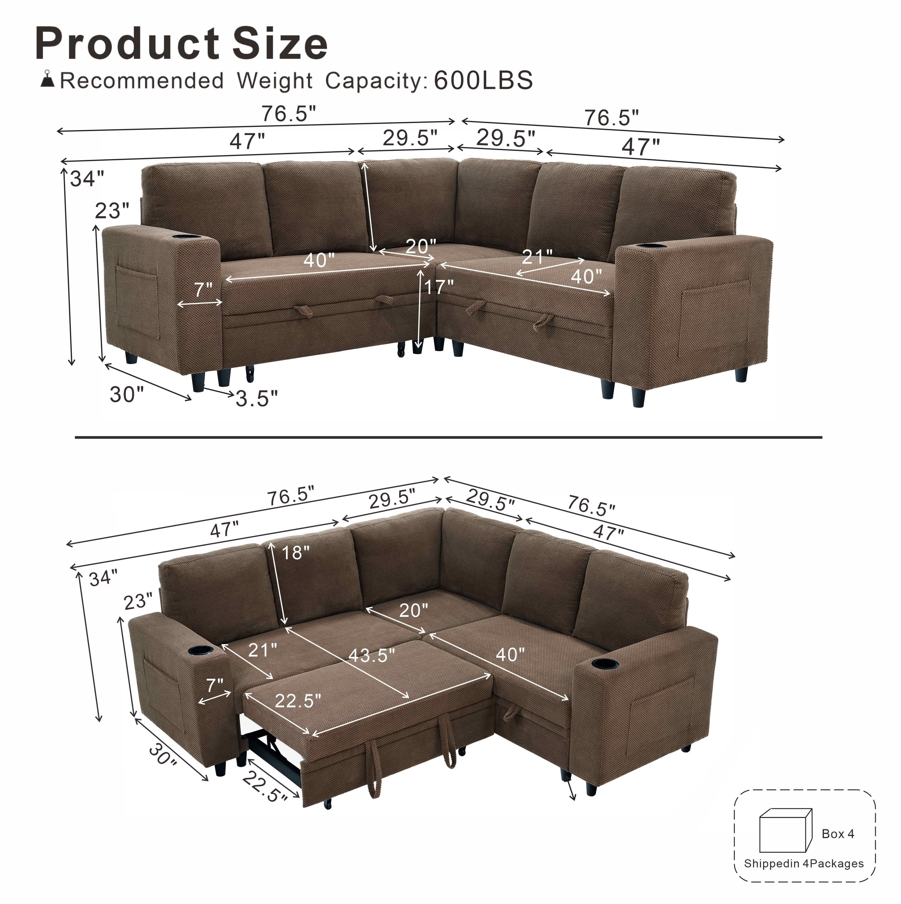 MAYEERTY 76.5 Inch L‑Shape Convertible Sectional Sofa Bed, Nubby Fabric Corner Couch with Pull‑Out Sleeper, Storage, Cup Holders and Side Pockets
