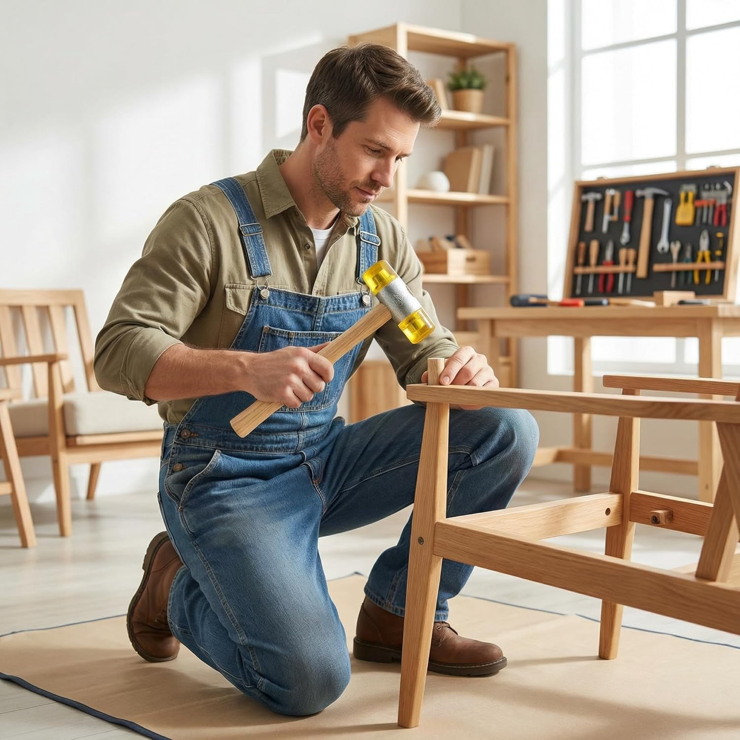 50 Oz Double-Sided CA Plastic Nylon Rubber Mallet with Wooden Handle, Yellow Industrial Safety Hammer