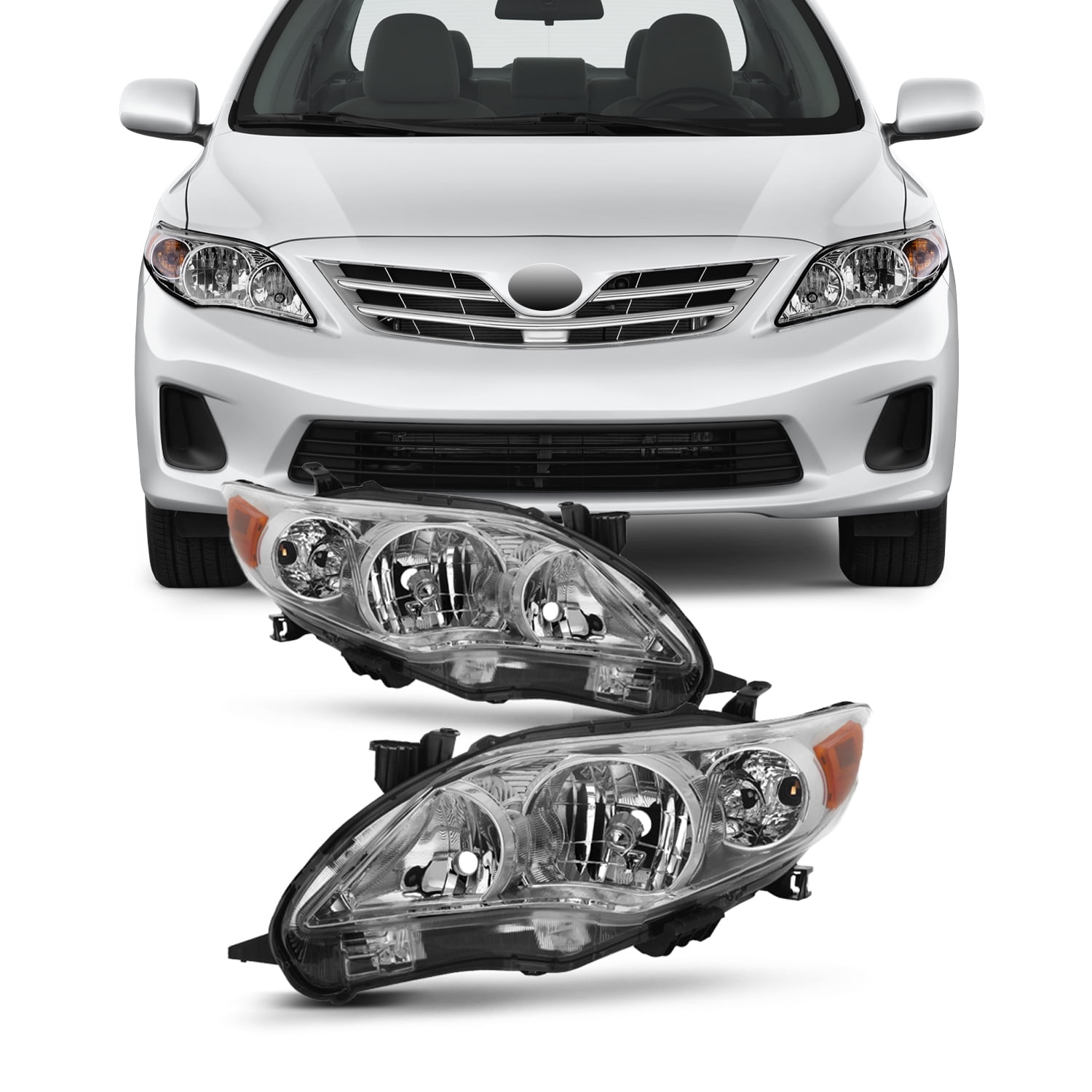 Fit 2011-2013 Toyota Corolla Pair Headlights Chrome Headlamps w//Amber Corner