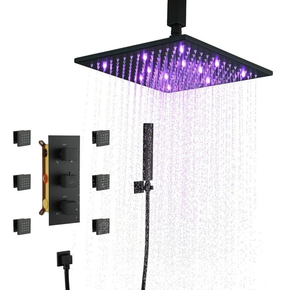 CASAINC 6-Spray 12 in. LED Thermostatic Dual Shower Head Ceiling Mount Fixed and Handheld Shower Head 2.5 in Matte Black