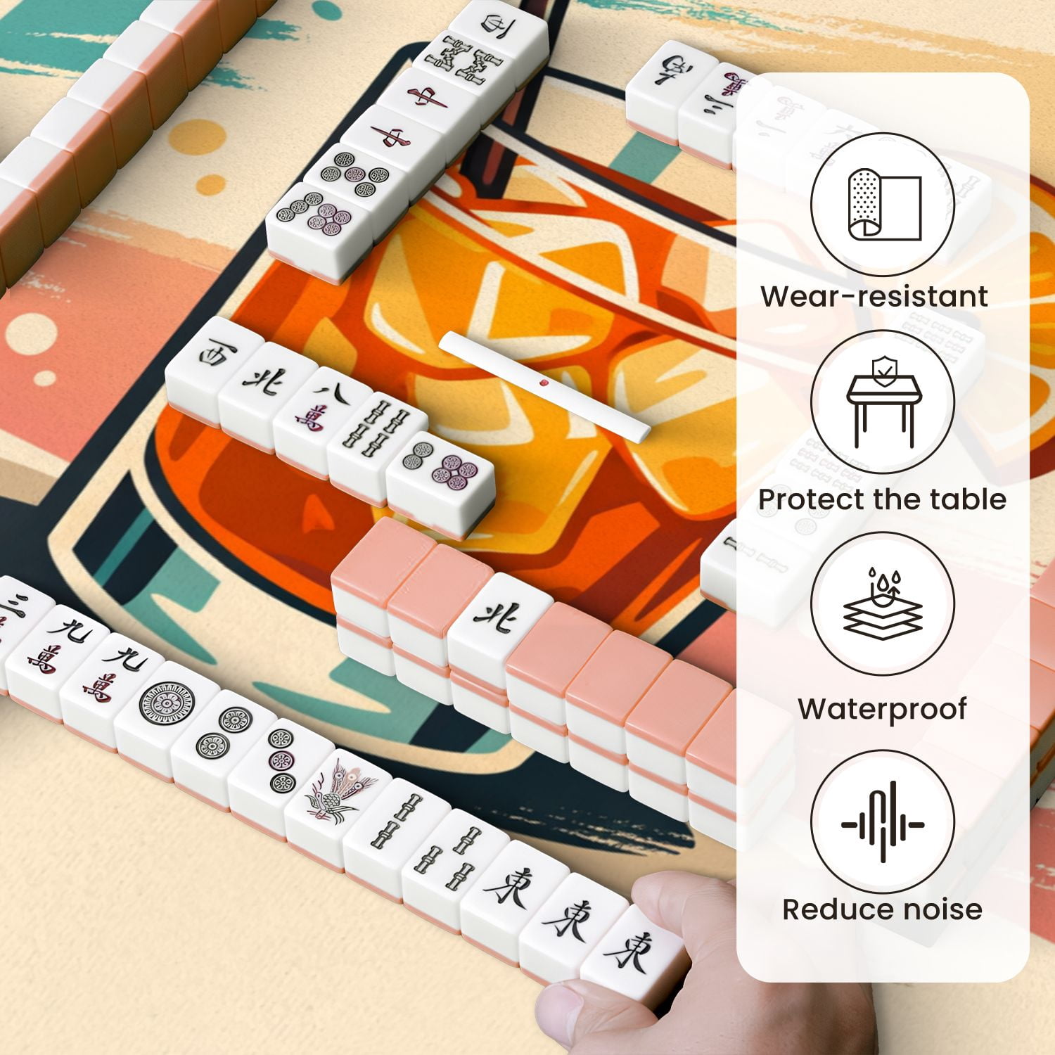 Mahjong Mat 31.5" x 31.5" Refreshing Orange Cocktail Ice Cubes Citrus Slice Non-Slip Noise Reduction Mahjong Tiles Table Cover for Dominoes Poker Card Board and Tile Games