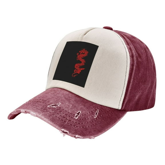 Men Women Red Loong-Dragon Distressed Twill Cotton Baseball Cap Vintage Adjustable Dad Hat