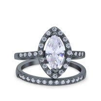 Black Tone, Simulated Cubic Zirconia Size-7 Two Piece Halo Marquise Art Deco Wedding Engagement Bridal Ring 925 Sterling Silver