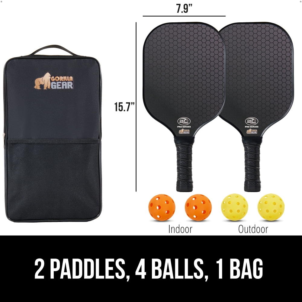 Gorilla Gear Pickleball Paddle Set of 2 with Pickleball Balls, Bag, USAPA Approved Fiberglass Racket, Black
