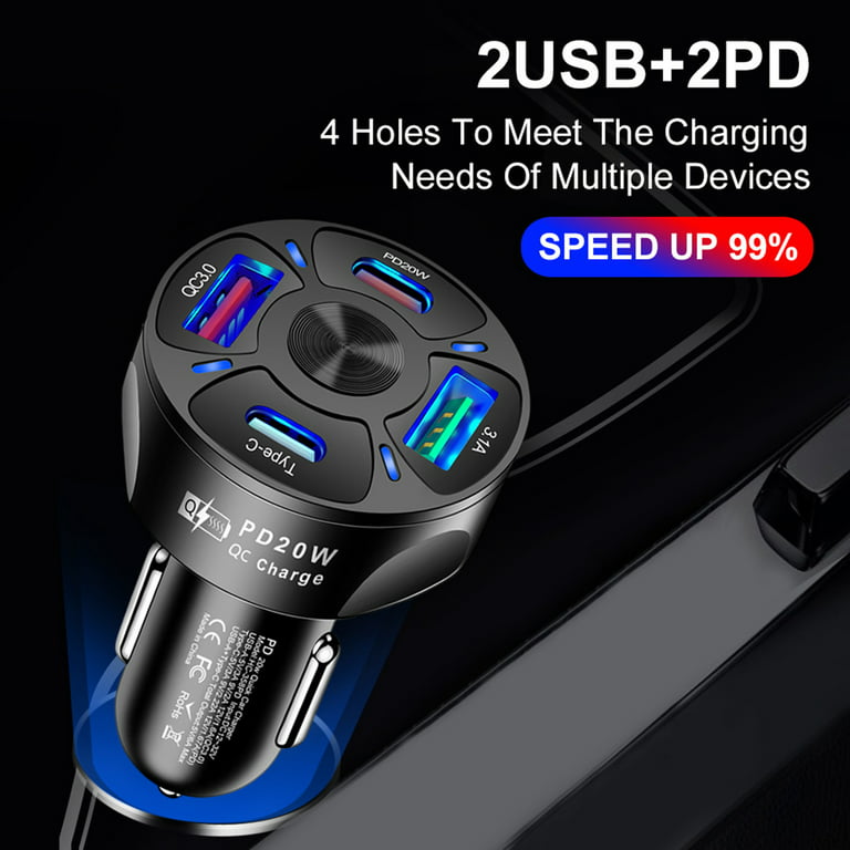 Star Home QC3.0 Car Charger LED Light Display Fast Charging 4 Ports Mobile  Phone USB Charger Socket Car Accessories