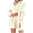 thumbnail image 4 of Elainilye Fashion Womens Pajama Set Fleece Nightwear Hooded Long Sleeve Tops Coats And Drawstring Shorts And Tank Tops Three Piece Set,Beige, 4 of 8