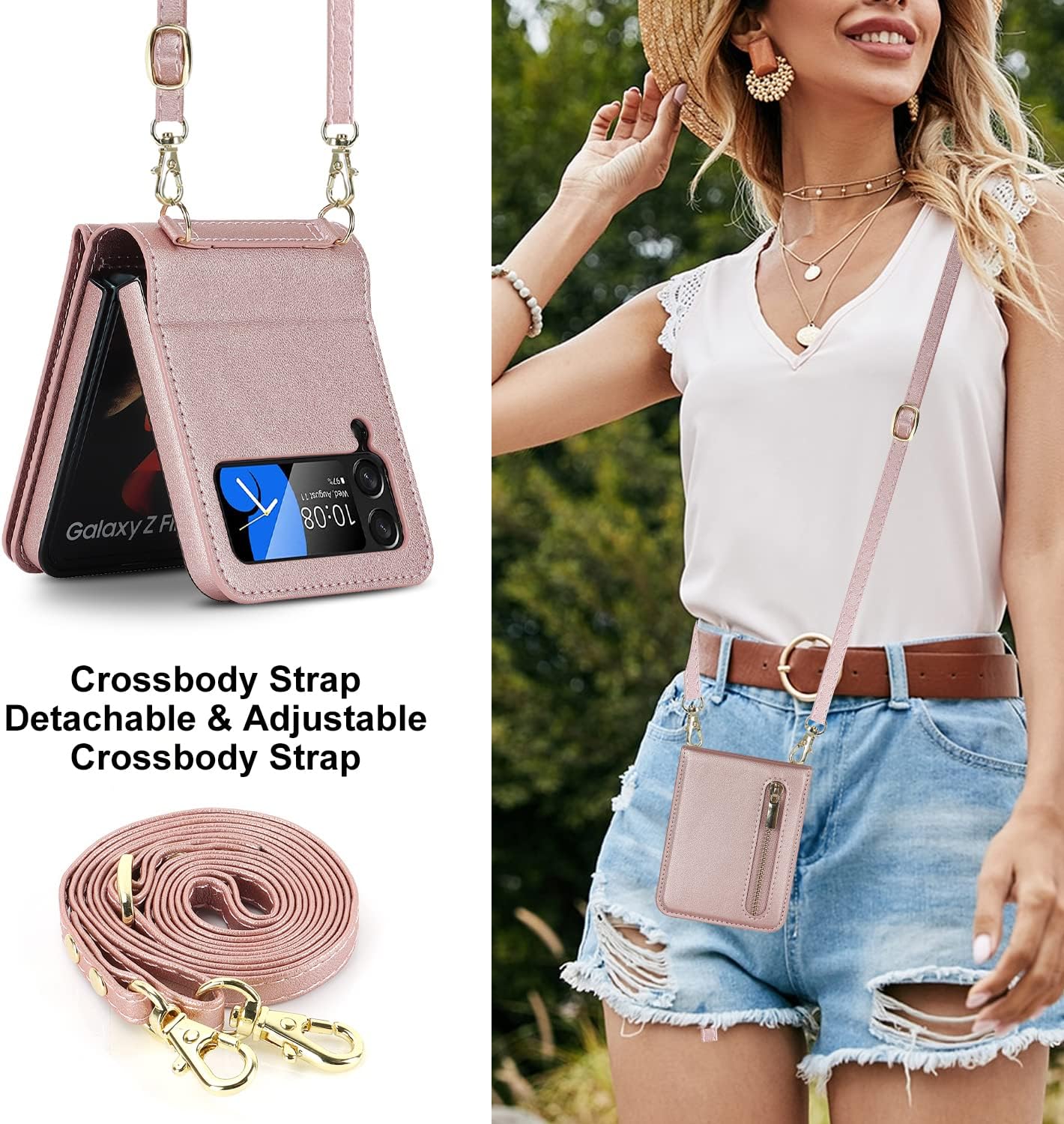 Phone Case for Samsung Galaxy Z Flip 3 5G 2021 Wallet Cover with Credit Card Holder Zipper Slot Crossbody Strap Lanyard Leather Stand Cell Accessories ZFlip3 Z3 Flip3 3Z Women Girls Rose Gold