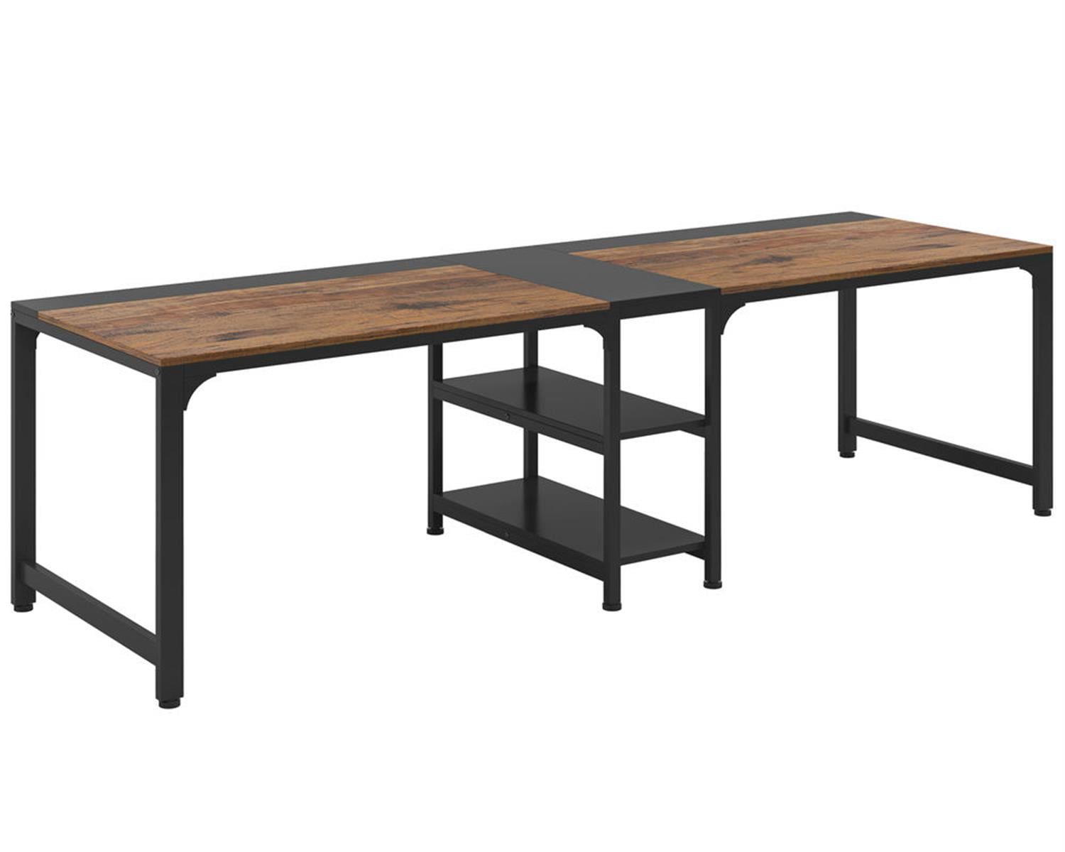 Demi Bonn 90" Industrial Two Computer Desk with Storage Shelves, Modern Double Study Writing Gaming Table for Home Office, Brown