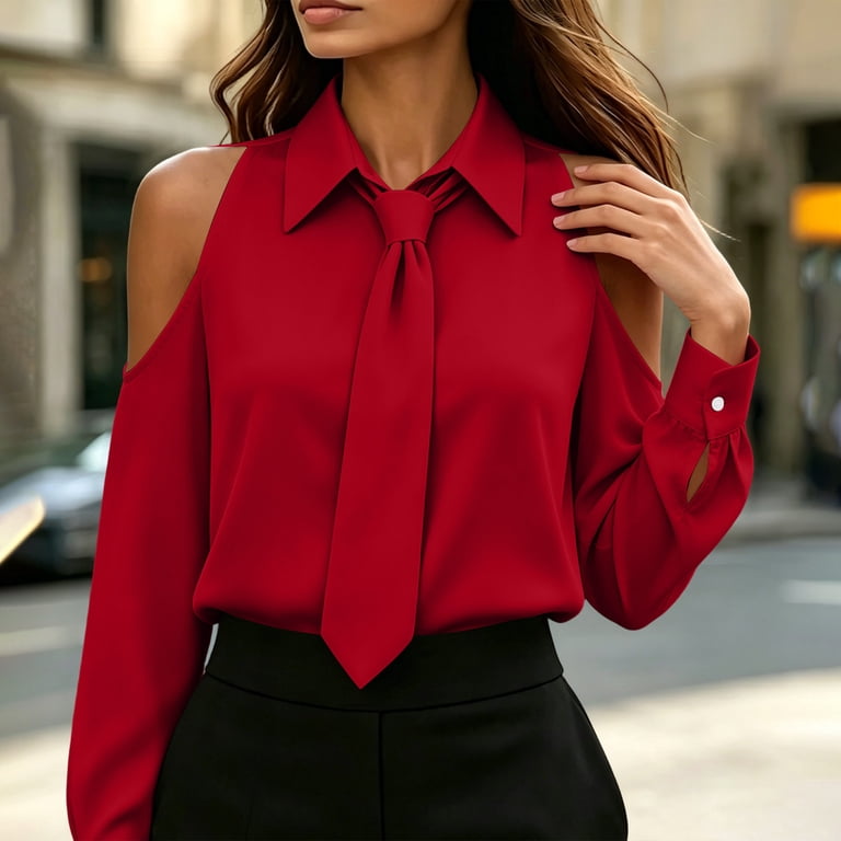 トップス roughlow  shoulder ribbon blouse (sax) CQONEPT Womens Satin Silk Blouse Cold Shoulder Long Sleeve