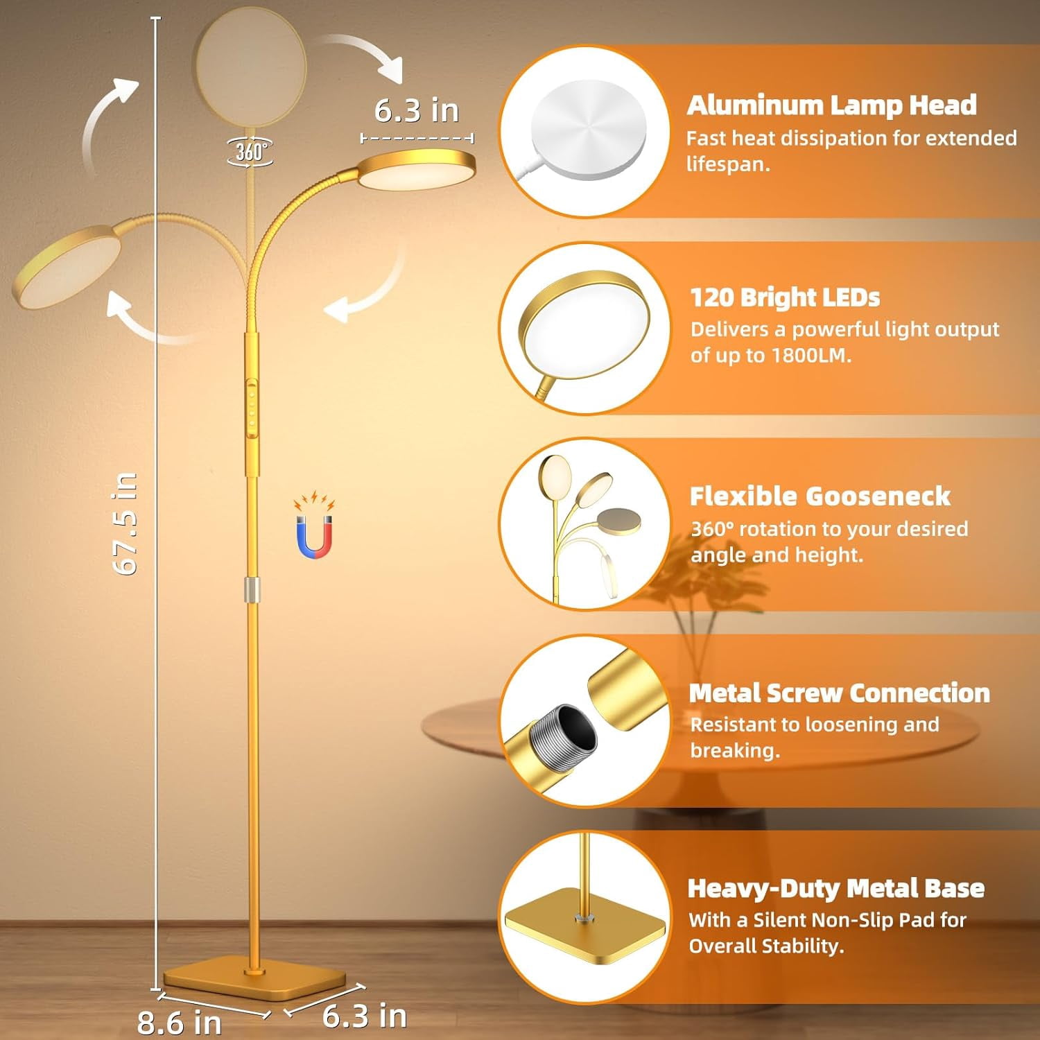 chalian Floor Lamp, Adjustable Height Floor Lamps for Living Room Bedroom, 120 LED Super Bright Standing Lamp Remote & Touch Control Dimmable Gooseneck Tall Stand Reading Lamp for Office Craft, Gold