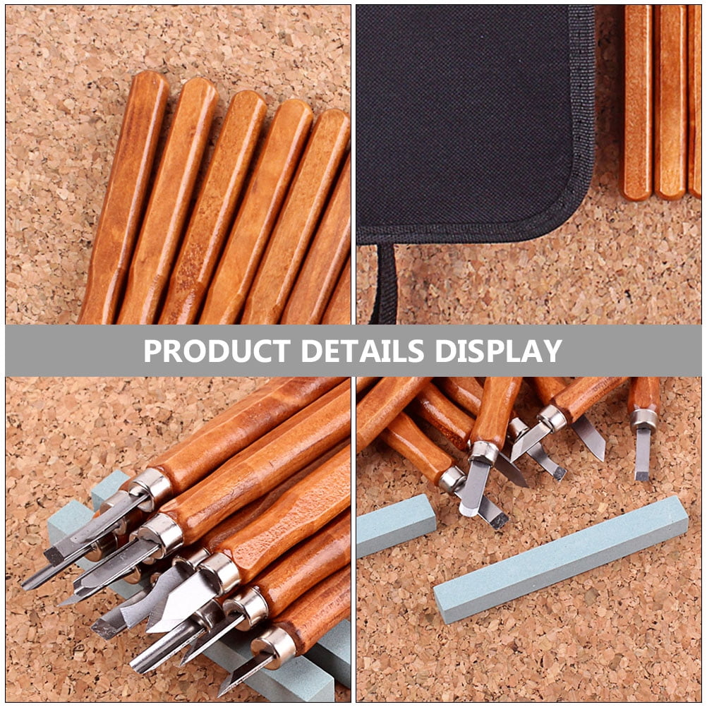 QIFULL Carving Chisel Tool Set with Brown Wooden Handle for Pine Hickory and Poplar Wood