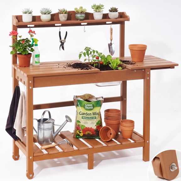 HDPE Outdoor Potting Bench with Sliding Tabletop & Removable Sink, Garden Potting Workstation Table with Storage Shelf, Hooks, Handle & Wheels for Patio, Backyard & Garden, Teak