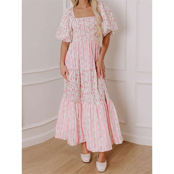 Pink Boho Floral Print Square Neck Puff Sleeve A-Line Tiered Maxi Dress With Smocked Waist