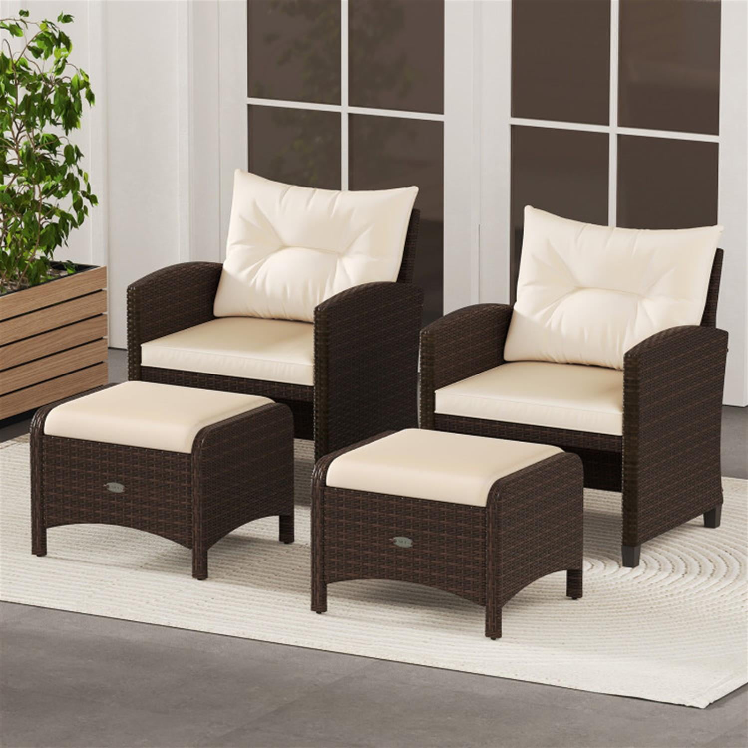 Demi Bonn 2 Pieces Outdoor Patio PE Wicker Ottomans with Removable Cushions for Yard, Pool or Backyard, Beige