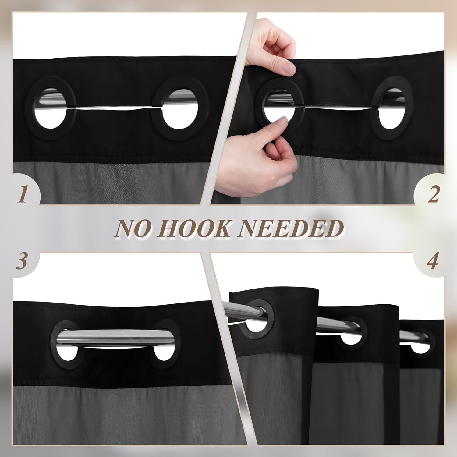 3 Pcs No Hook Black Shower Curtain Set with Chenille Bath Rugs - 71" x 74" Shower Curtain with Snap-in Fabric Liner & Non-Slip Water Absorbent Bathroom Mats Set Accessories