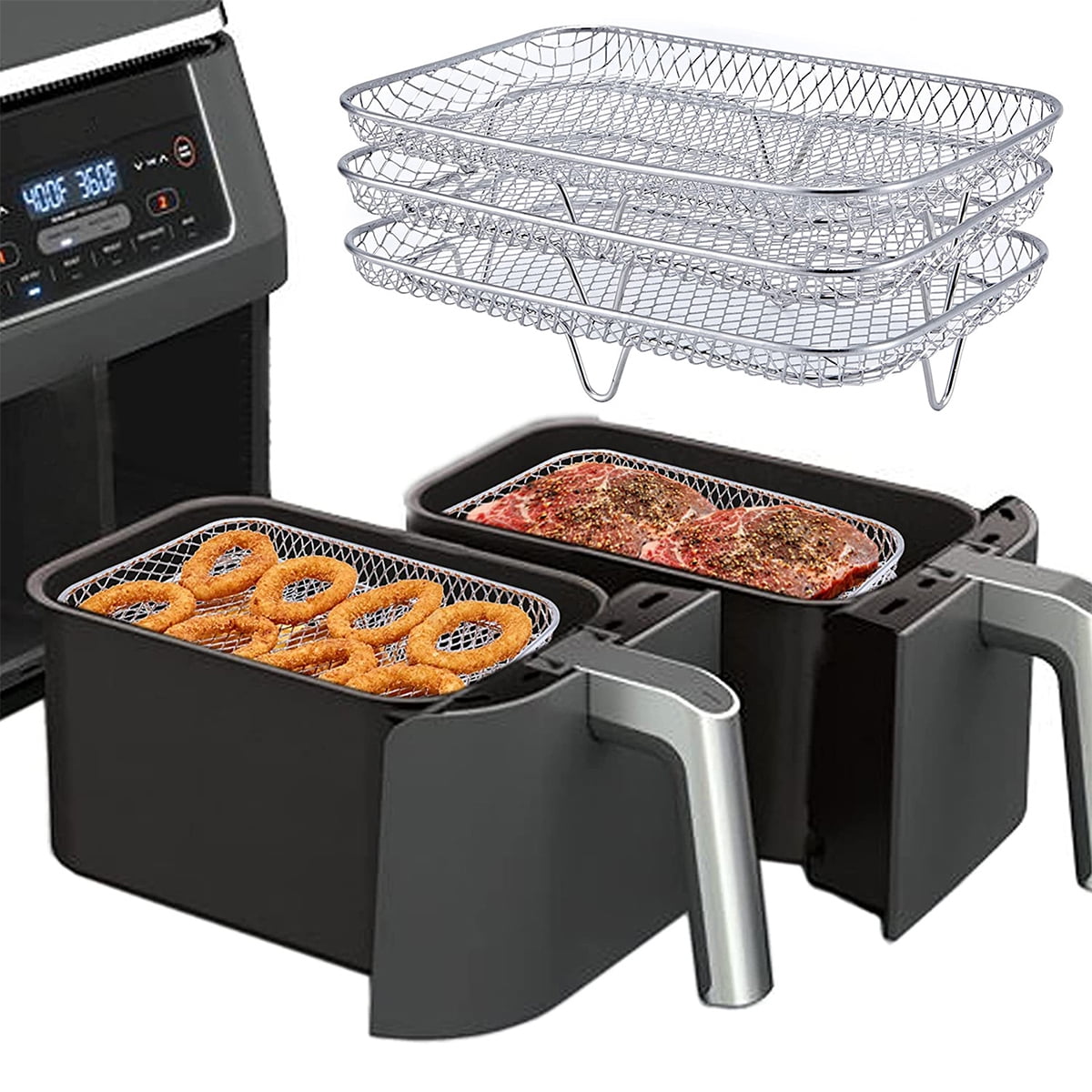 3pcs/set Stackable Air Fryer Accessories Kit, Including Rectangular Air  Fryer Rack, Mesh Basket, 2-layer Bread Rack, Stainless Steel Dehydrator  Stand, Compatible With Double Air Fryer
