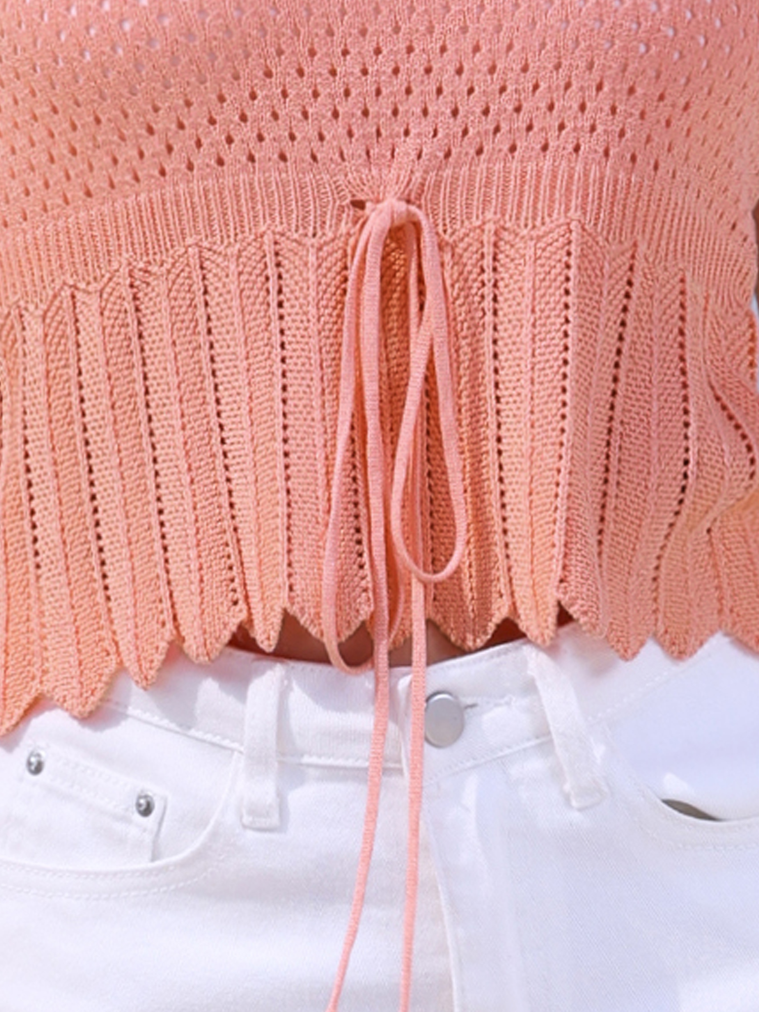 DARING DIVA Women's Crochet Sleeveless Tie Front Cropped Top L Pink
