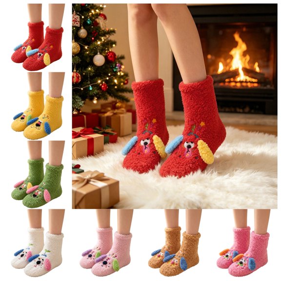 FAIOROI Womens Fuzzy Socks Cute 3D Dog Cartoon Winter Warm Soft Plush Slipper Socks Christmas Gift Red Free Size