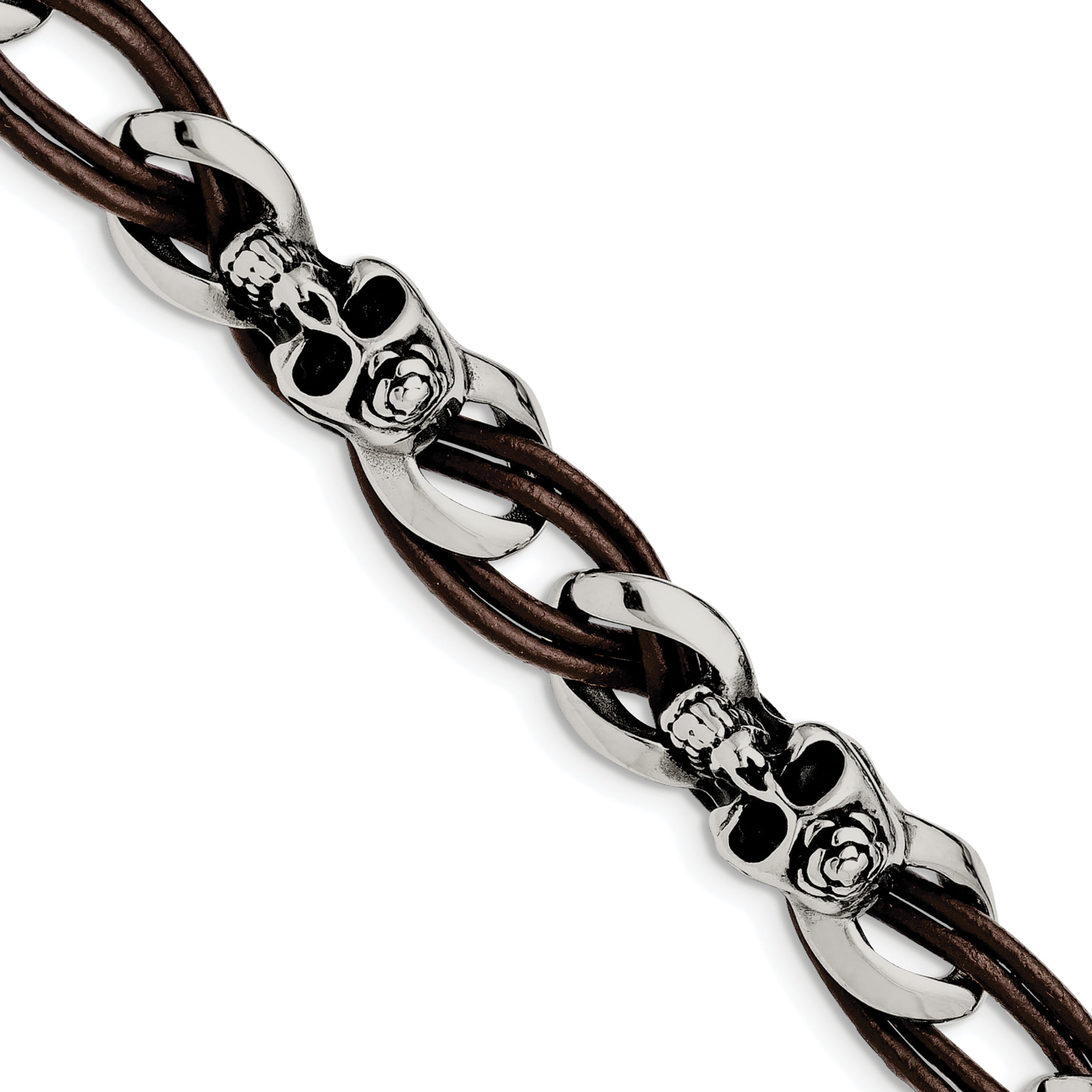 Stainless Steel Polished Skulls/Roses Leather Bracelet 8 Inches Long