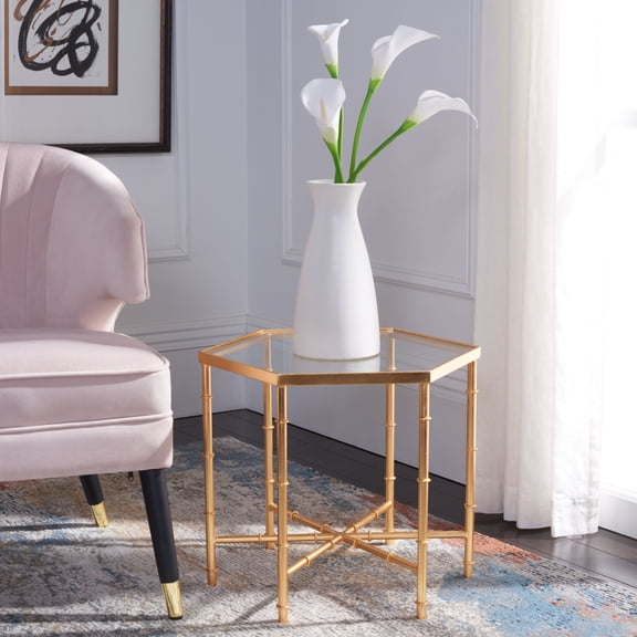 SAFAVIEH Kerri Gold Leaf Mirror Top Accent Table Gold / Clear