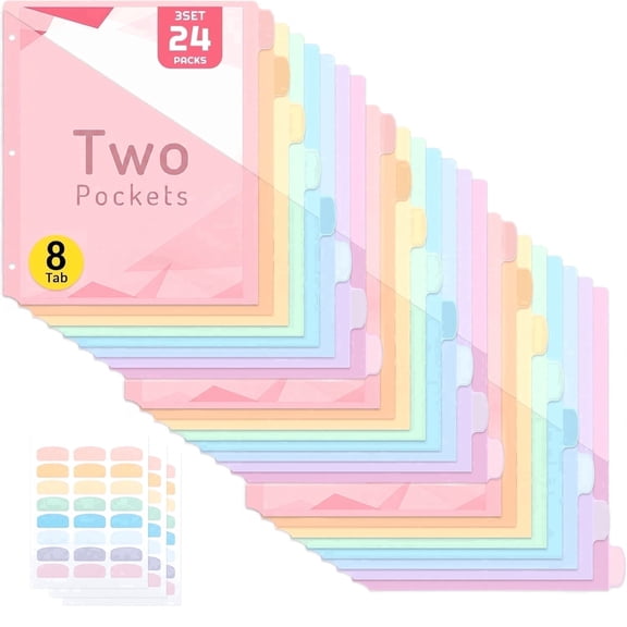PUCACHI 24-Count Dual-Pocket Binder Dividers, 8 Macaron Colors for 3 Ring Binder, Letter Size
