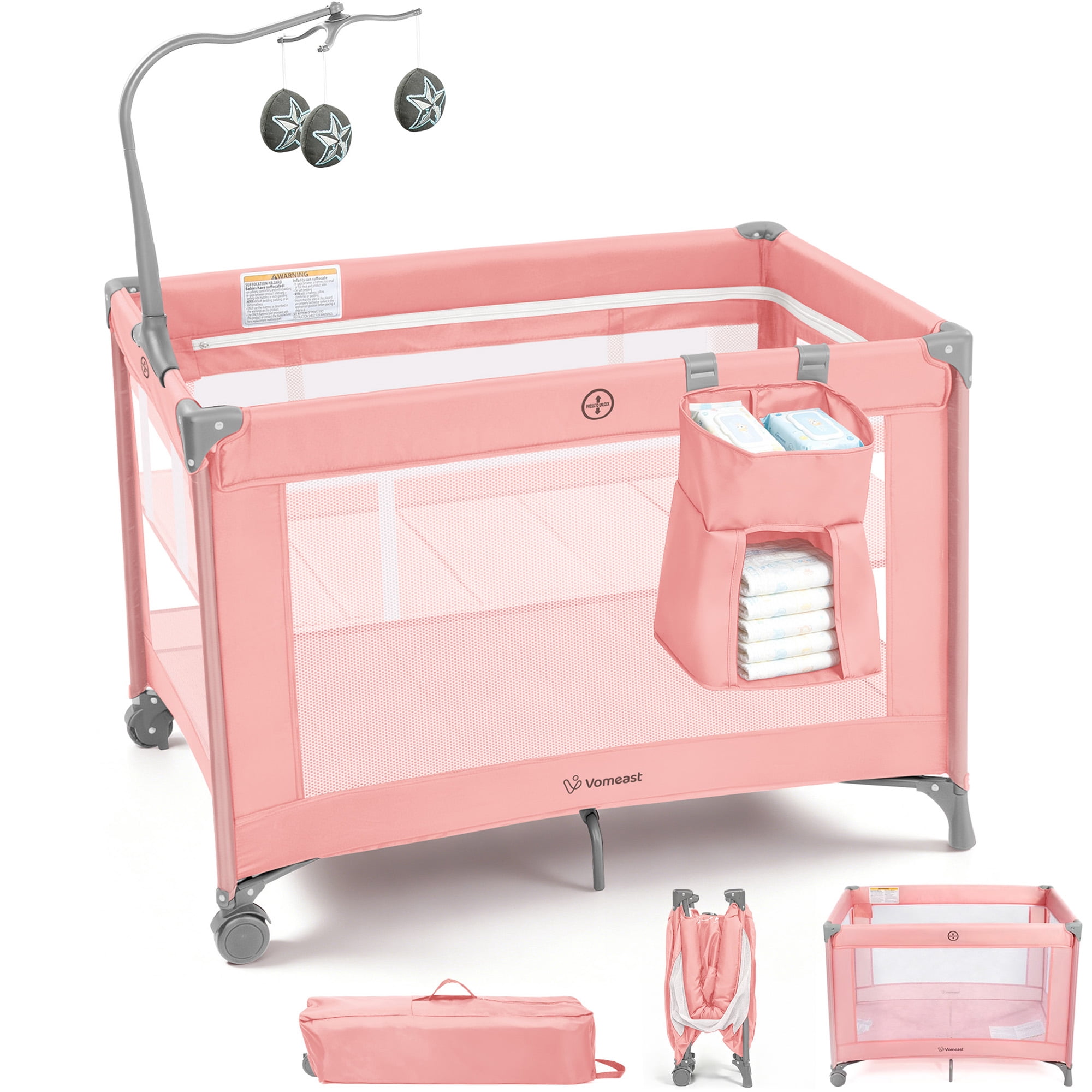 Vomeast Baby Playard Baby Bassinet,Foldable Crib Pack and Play with Toy Bar,Play Yard,0-5 Months(Pink)