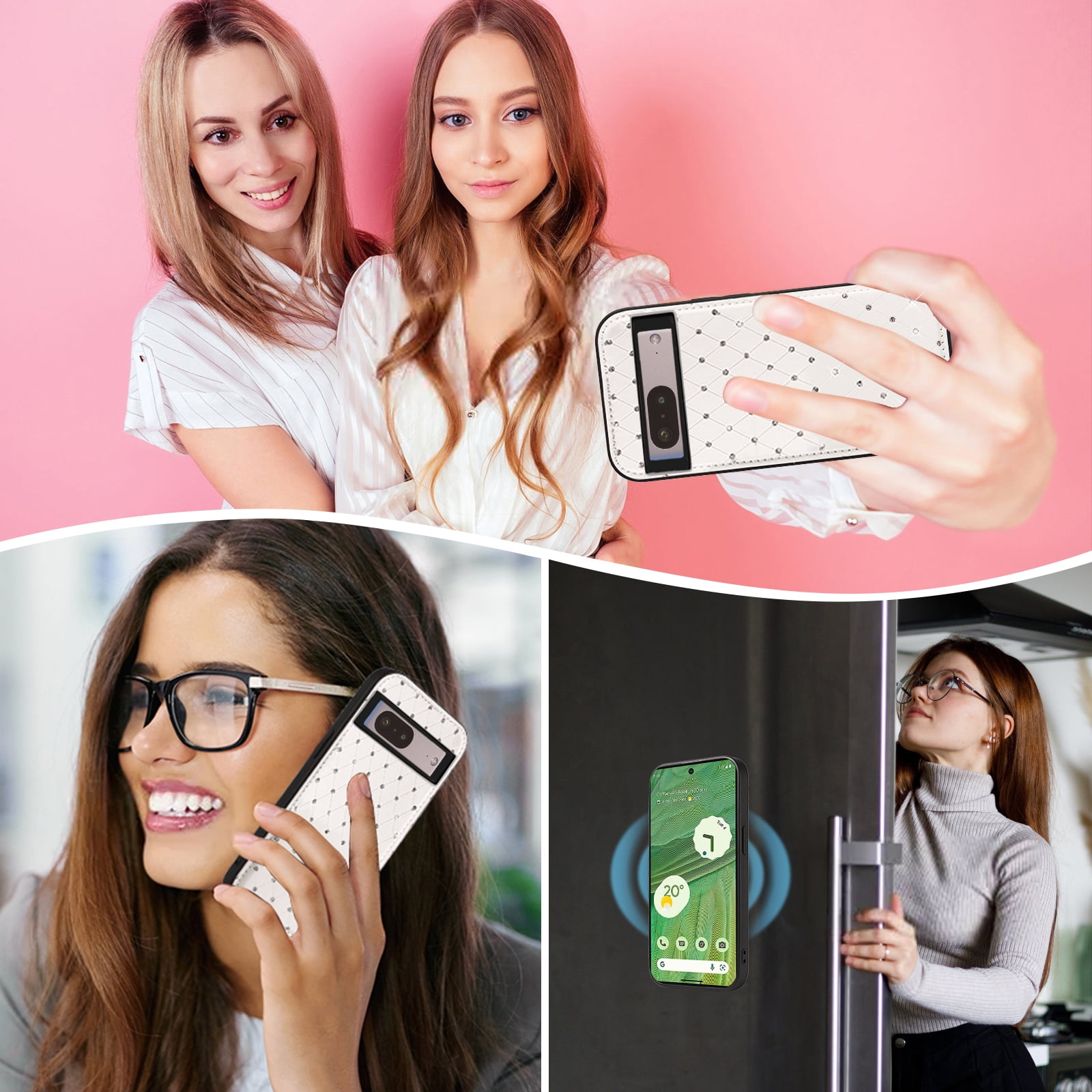 Asuwish Phone Case for Google Pixel 7 5G Zipper Wallet Detachable Cell Cover with Tempered Glass Screen Protector Crossbody Lanyard Strap Bling Glitter Flip Card Holder Slot Pixel7 Pixle Seven White