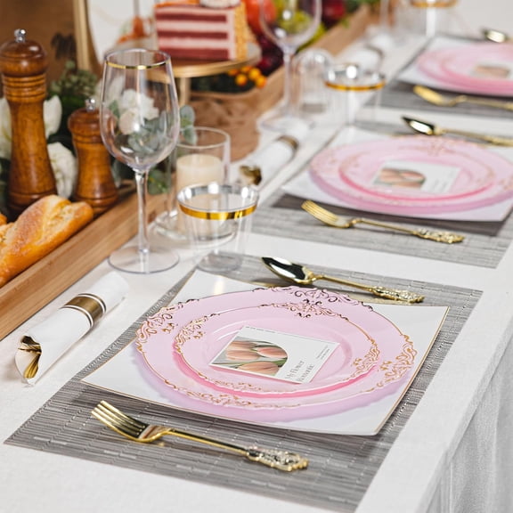 350-Piece Royal Pink & Gold Disposable Dinnerware Set for 50 Guests