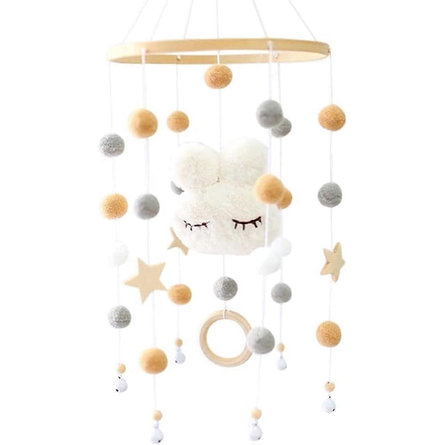 Wind chimes, wood with felt balls cloud girl bed bell hanging for crib (white)