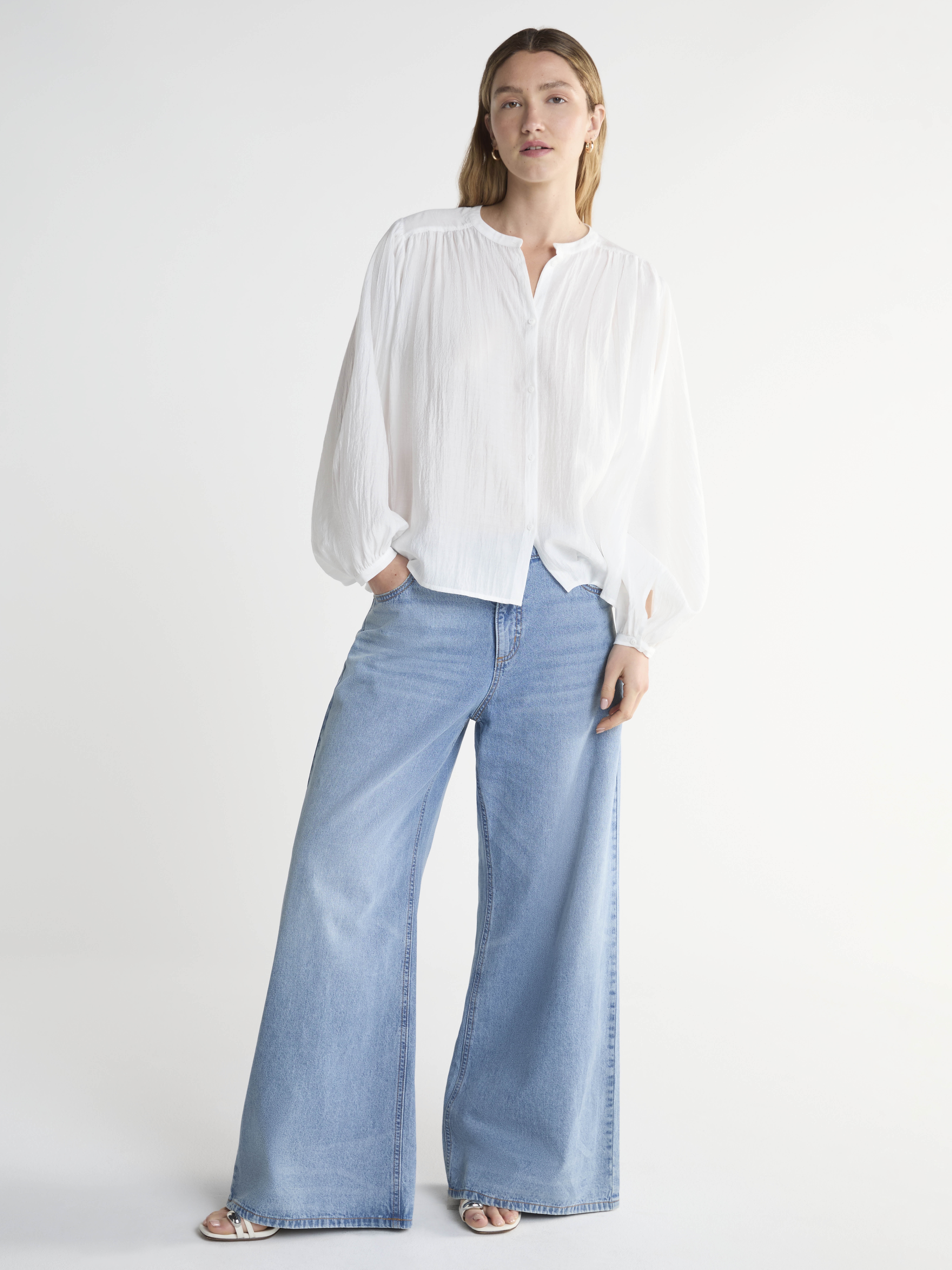 Scoop Women’s Crinkle Gauze Shirt with Blouson Sleeves, Sizes XS-XXL